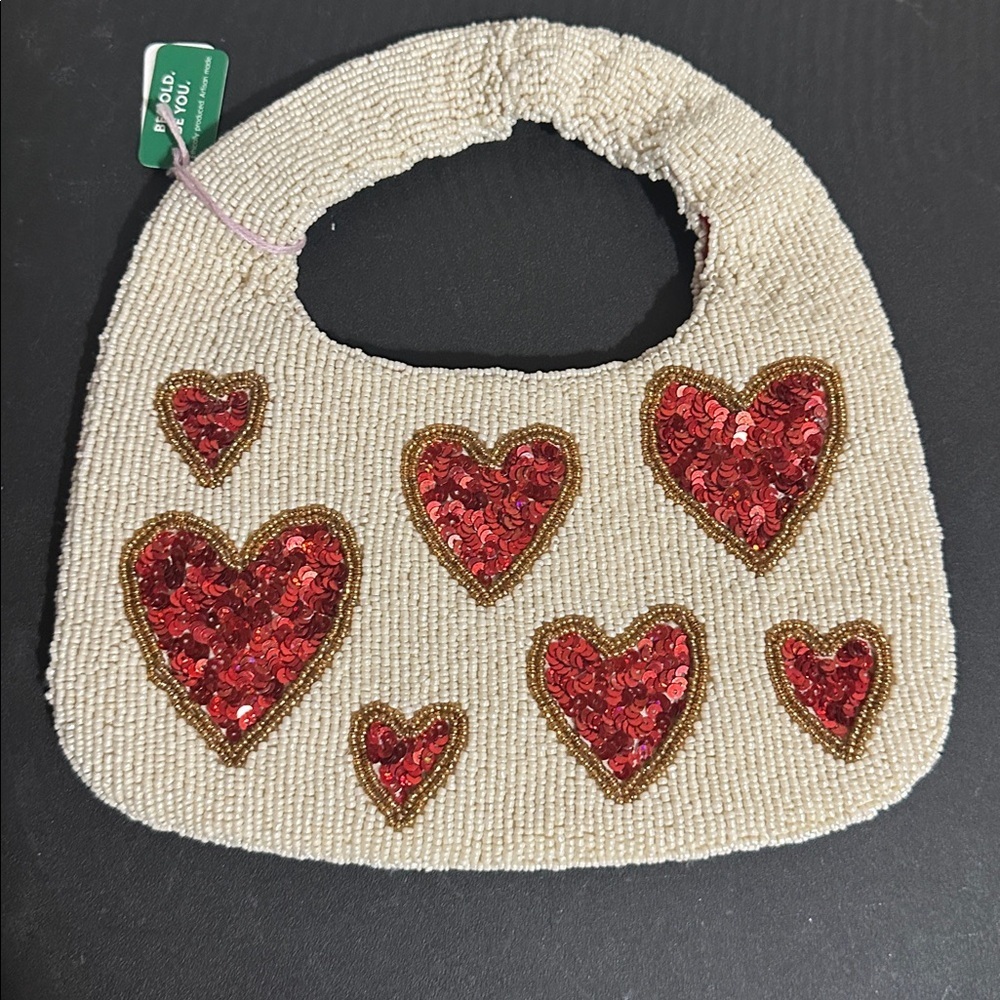 Ink + alloy cream and red heart beaded handle bag